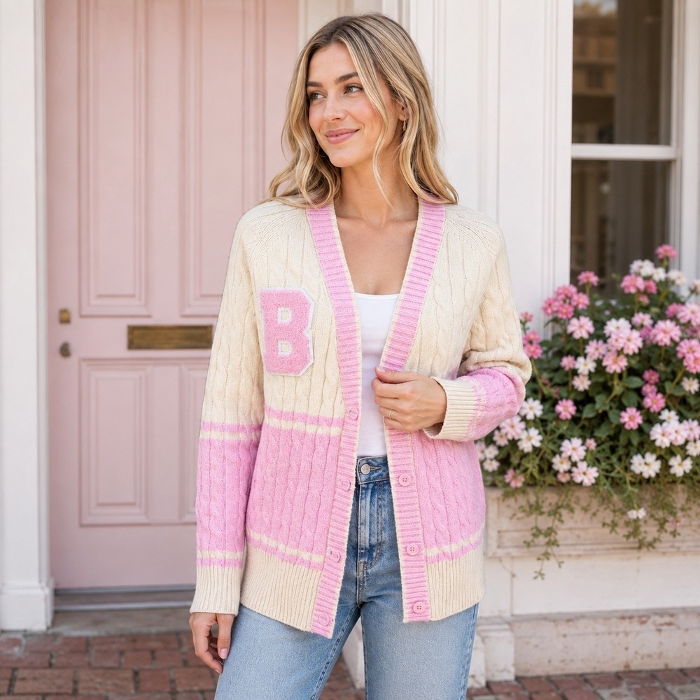 Something New‎ Cream Pink Cable Knit Letter B Varsity Cardigan Sweater Womens S
